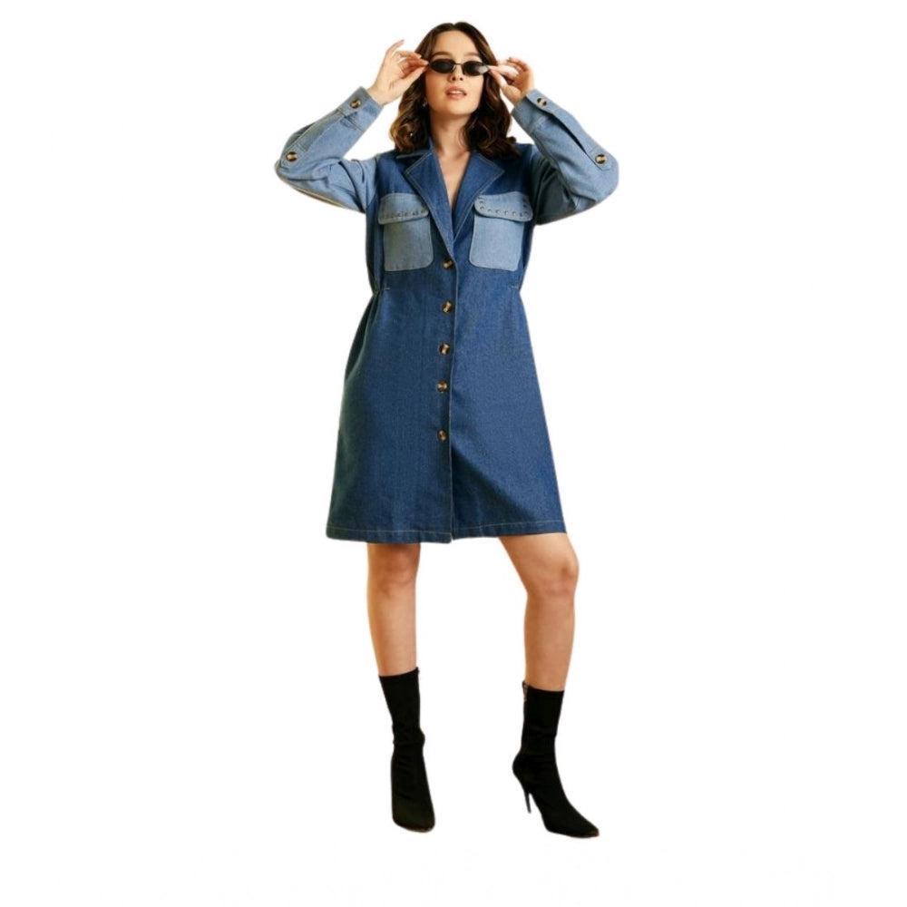 Generic Women's Denim Color Blocking Roll Up Dress (Blue) Main image