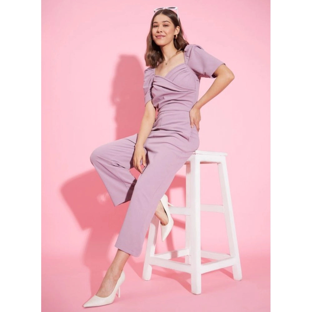 Generic Women's Polyester Lycra Solid Puff Sleeve Jumpsuit (Lavender) Secondary image