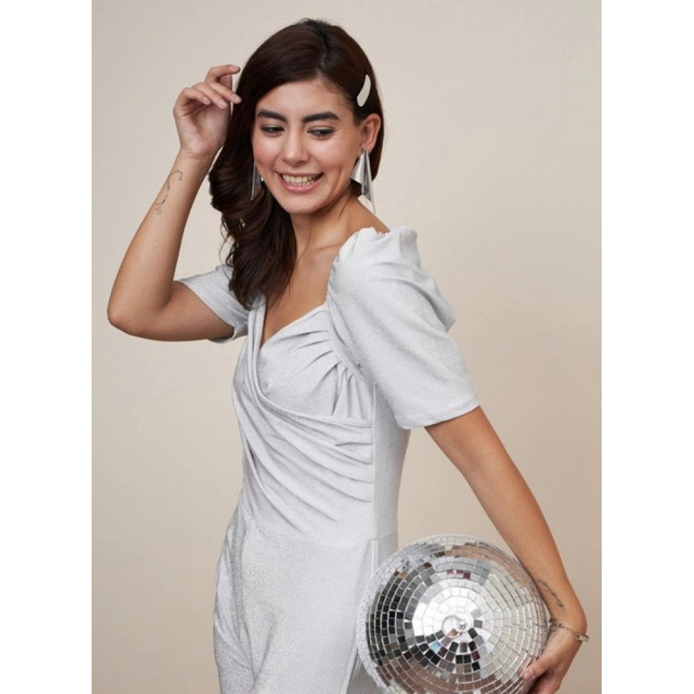 Generic Women's Polyester Shimmer Self Design Short Sleeve Jumpsuit (Silver) Secondary image