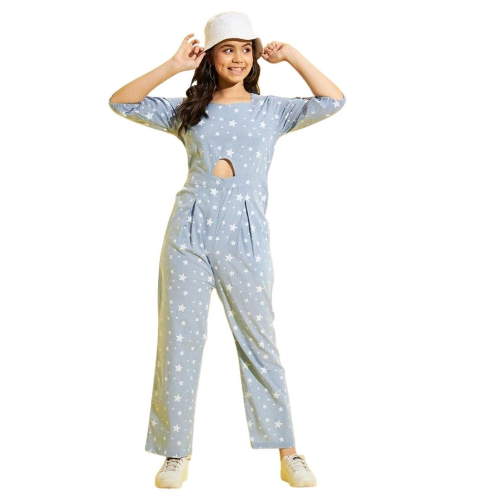 Generic Girl's Cotton Printed 3-4th Sleeve Jumpsuit (Blue - White) Main image