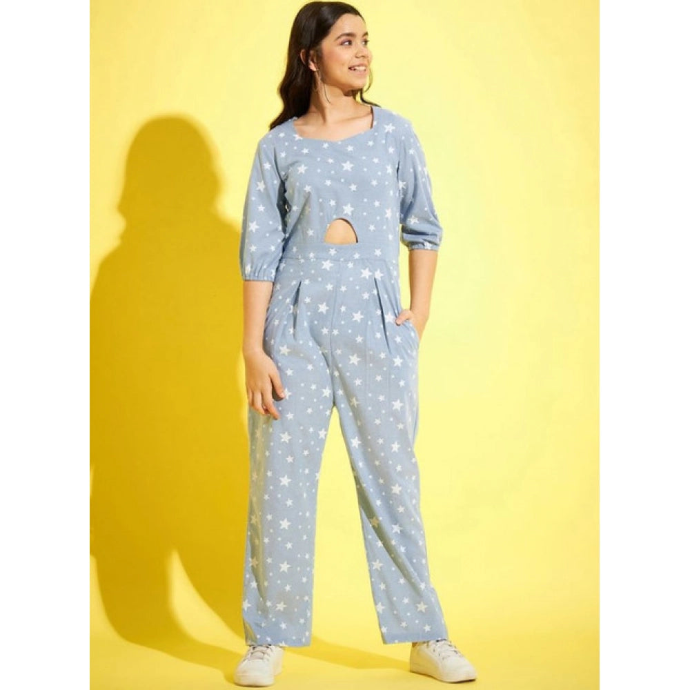 Generic Girl's Cotton Printed 3-4th Sleeve Jumpsuit (Blue - White) Secondary image