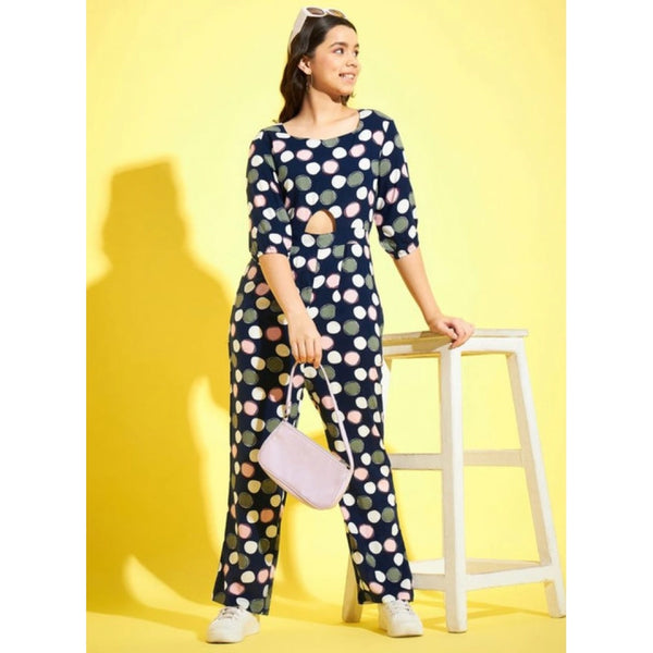 Generic Girl's Cotton Polka 3-4th Sleeve Jumpsuit (Multicolor)