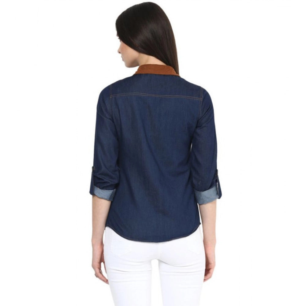 Generic Women's Denim Cotton based Solid Long Sleeves Shirt (Blue) Secondary image