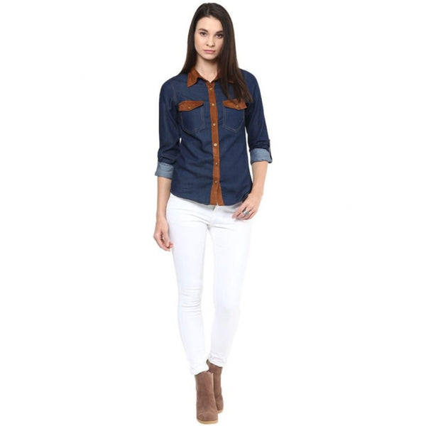 Generic Women's Denim Cotton based Solid Long Sleeves Shirt (Blue)
