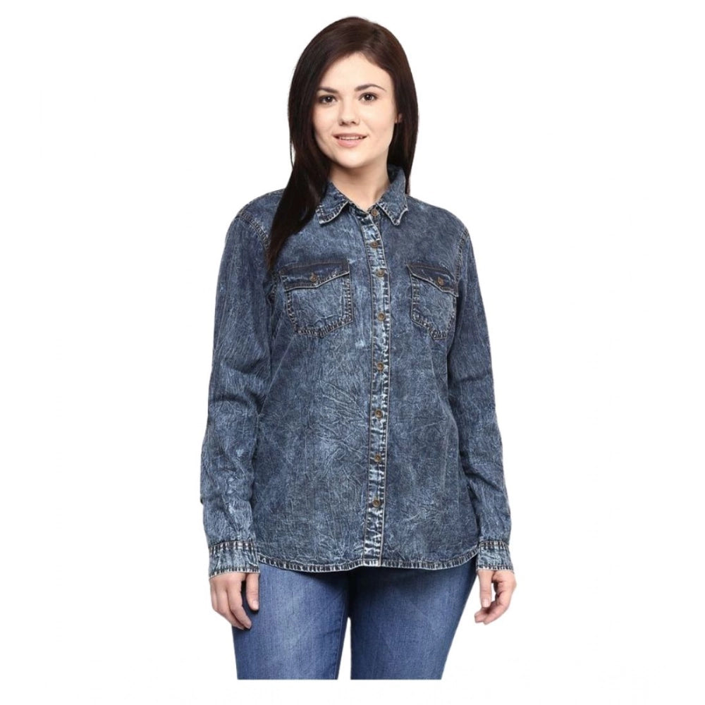 Generic Women's Denim Solid Long Sleeves Shirt (Blue) Main image