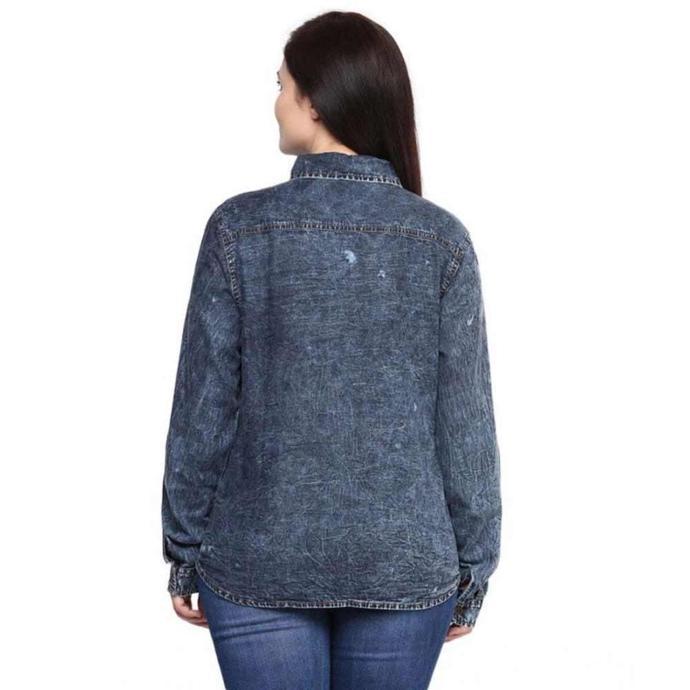Generic Women's Denim Solid Long Sleeves Shirt (Blue) Secondary image