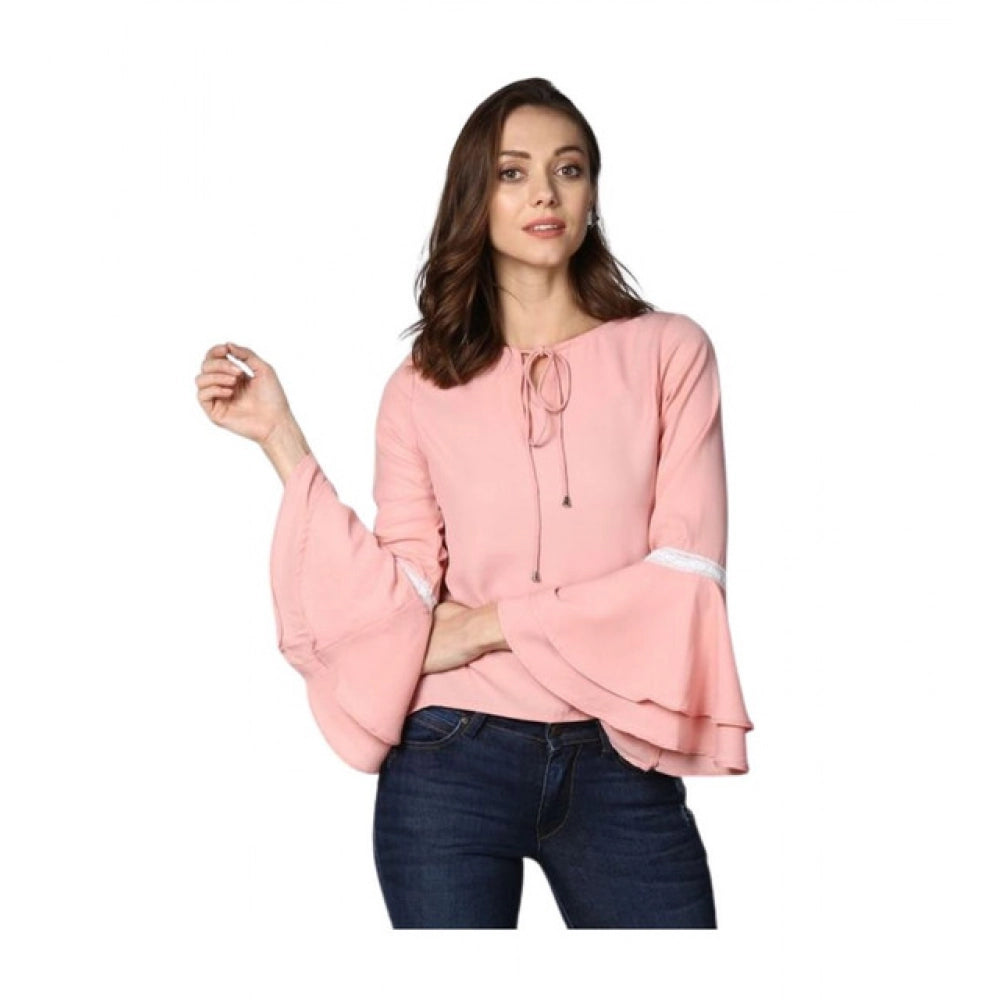 Generic Women's Polyester Solid Bell Sleeve Top (Pink) Main image