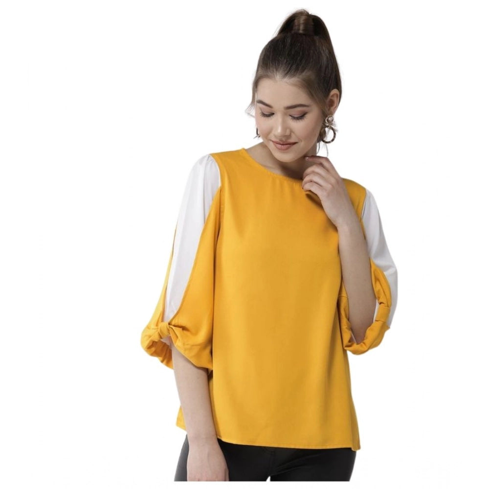 Generic Women's Polyester Colour Block Slit Sleeve Top (Yellow-White) Main image