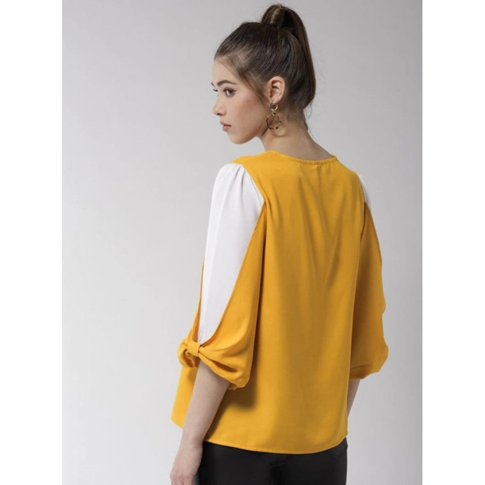 Generic Women's Polyester Colour Block Slit Sleeve Top (Yellow-White) Secondary image