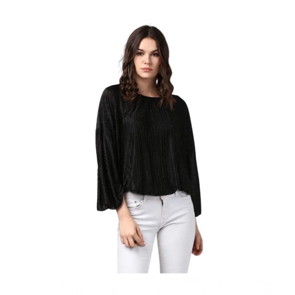 Generic Women's Polyester Pleated Balloon Sleeve Top (Black) Main image