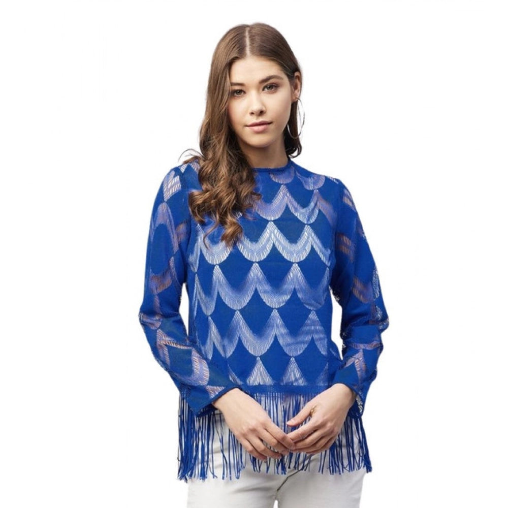 Generic Women's Lace Self Design Long Sleeves Top (Blue) Main image