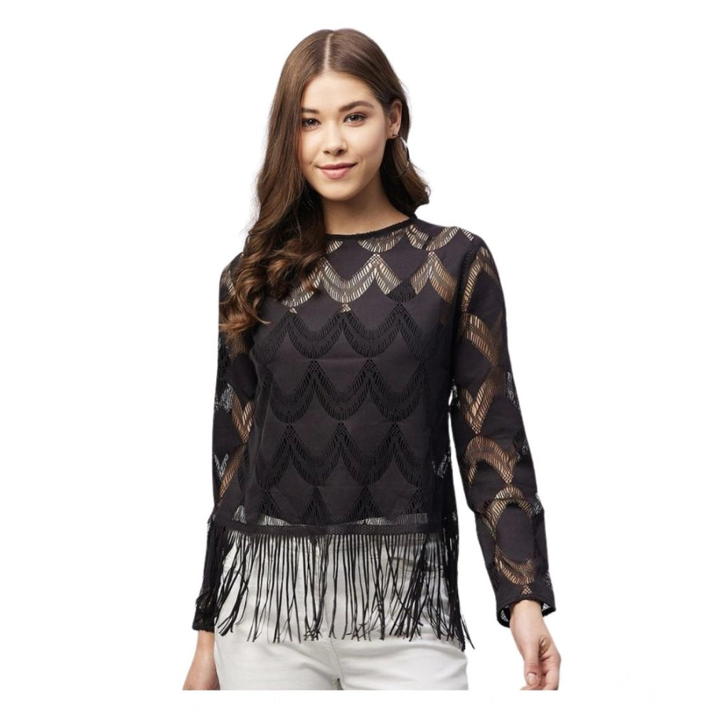 Generic Women's Lace Self Design Short Sleeve Top (Black) Main image