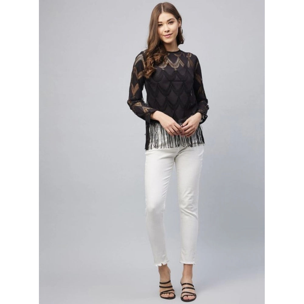 Generic Women's Lace Self Design Short Sleeve Top (Black) Secondary image