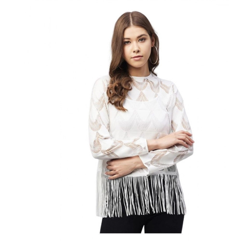 Generic Women's Lace Self Design Short Sleeve Top (White) Main image