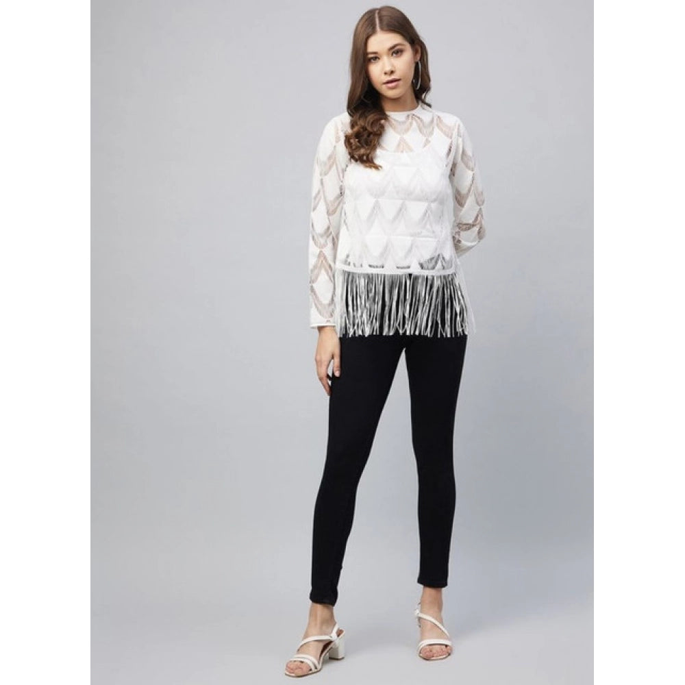Generic Women's Lace Self Design Short Sleeve Top (White) Secondary image
