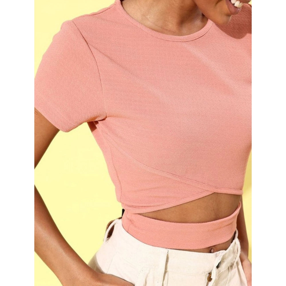 Generic Women's Polyester Lycra Solid Short Sleeve Top (Pink) Secondary image