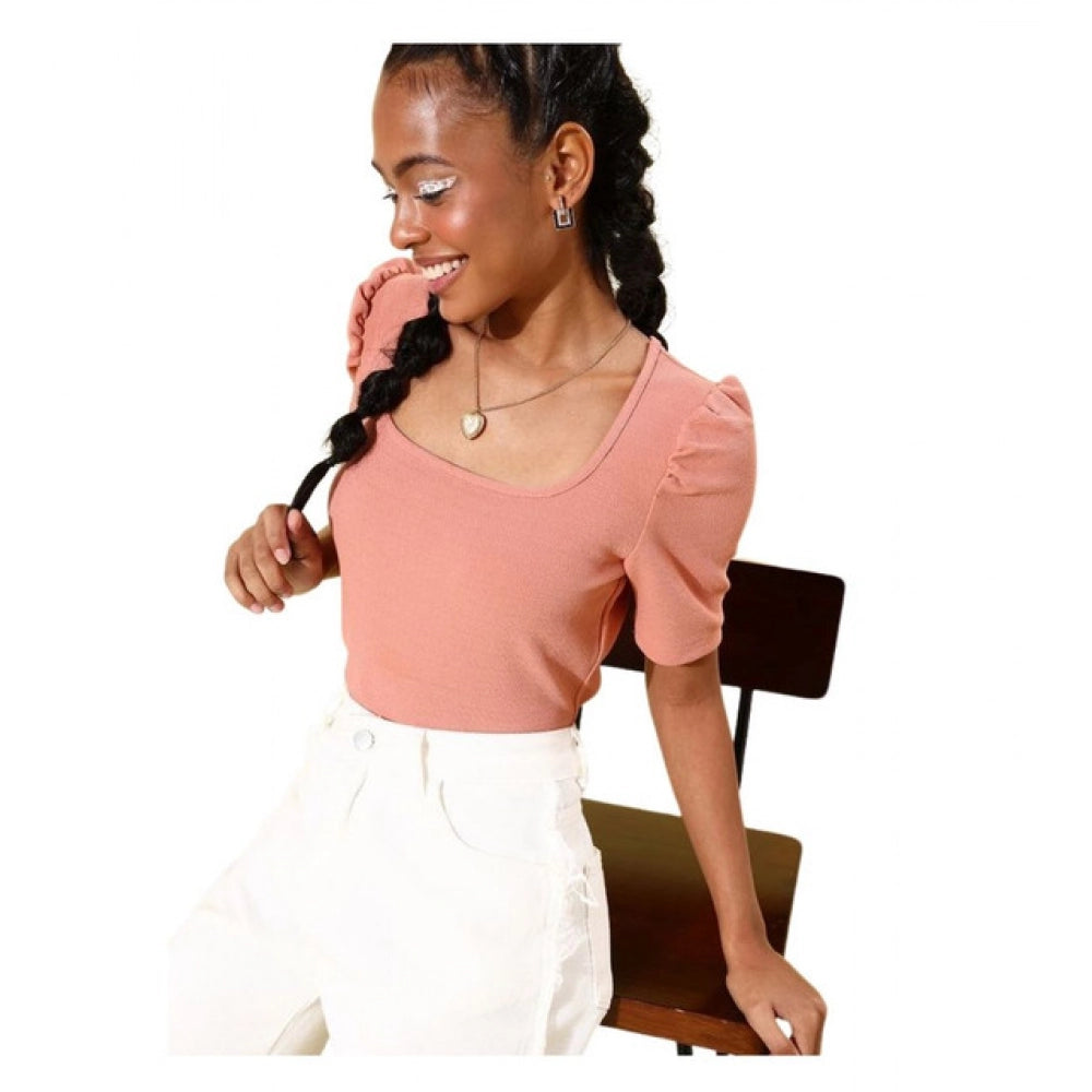 Generic Women's Polyester Lycra Solid Short Sleeve Top (Pink) Main image