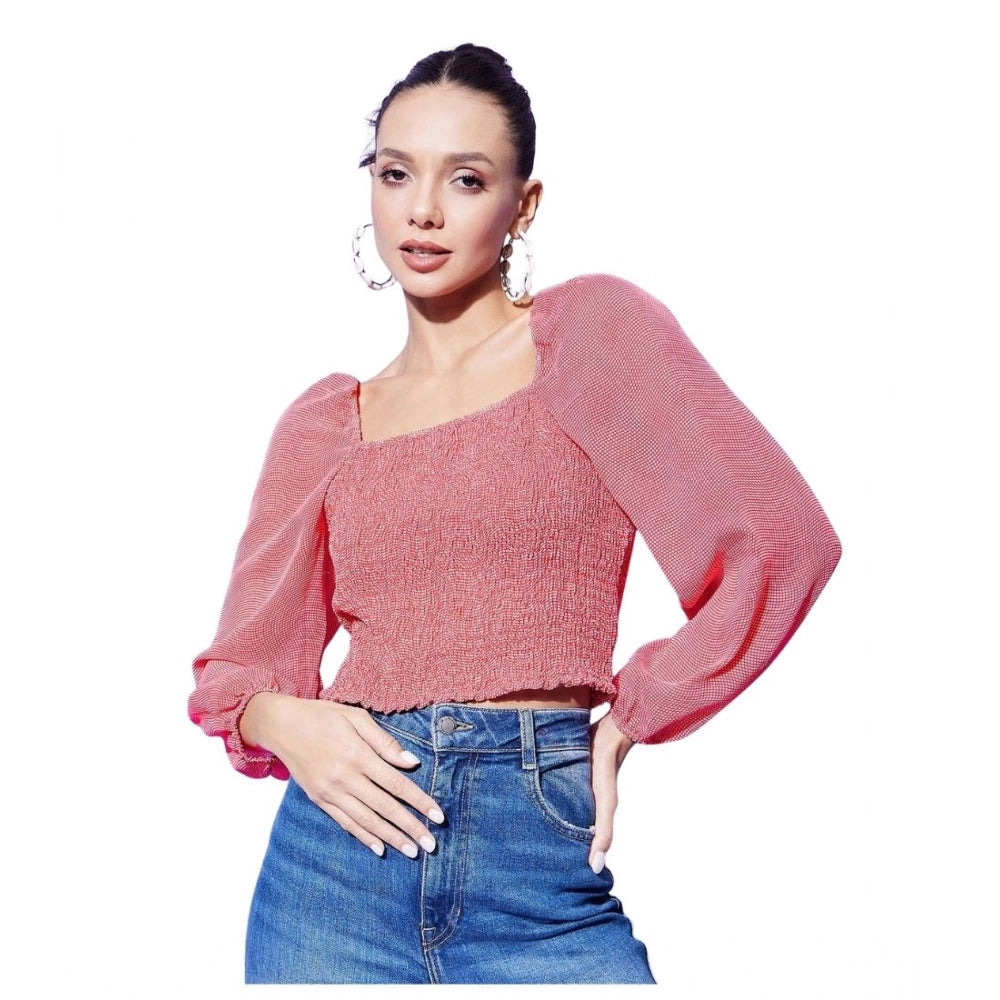 Generic Women's Polyester Floral Long Sleeves Top (Red) Main image