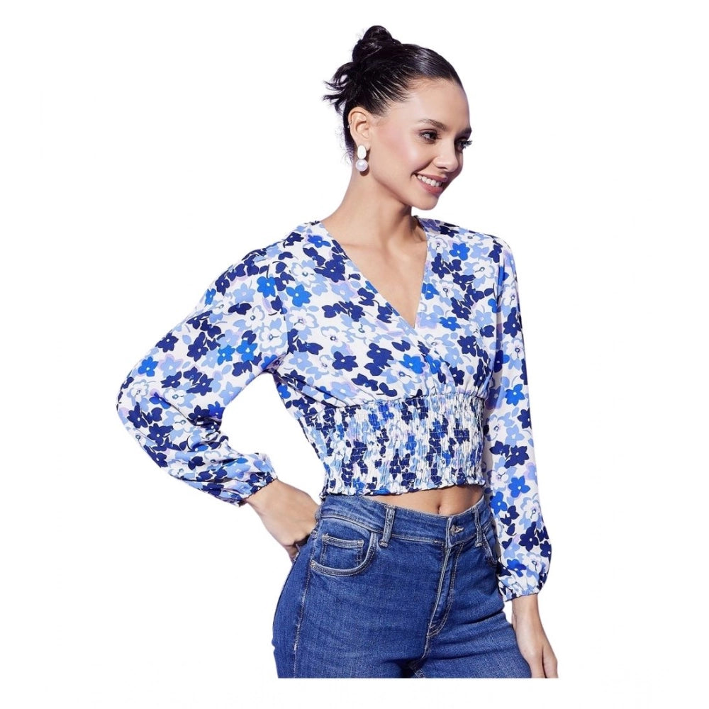 Generic Women's Polyester Floral Long Sleeves Top (Blue) Main image