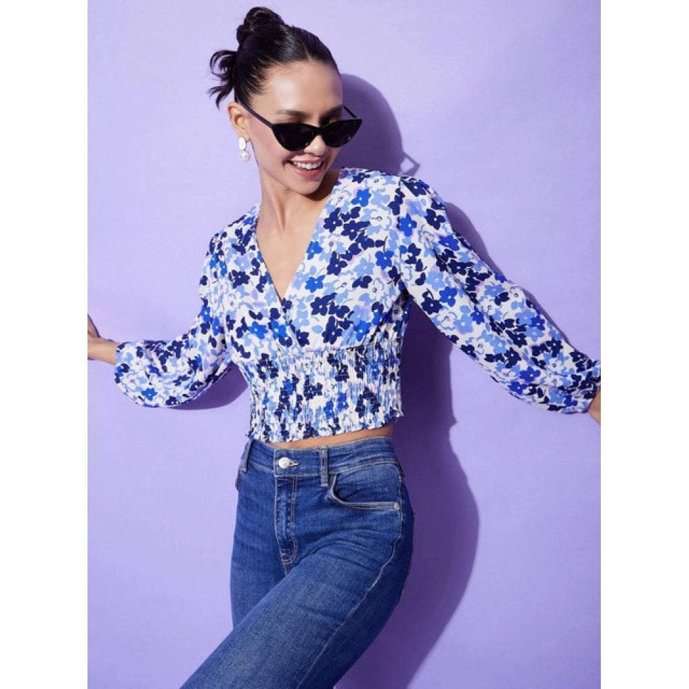 Generic Women's Polyester Floral Long Sleeves Top (Blue) Secondary image