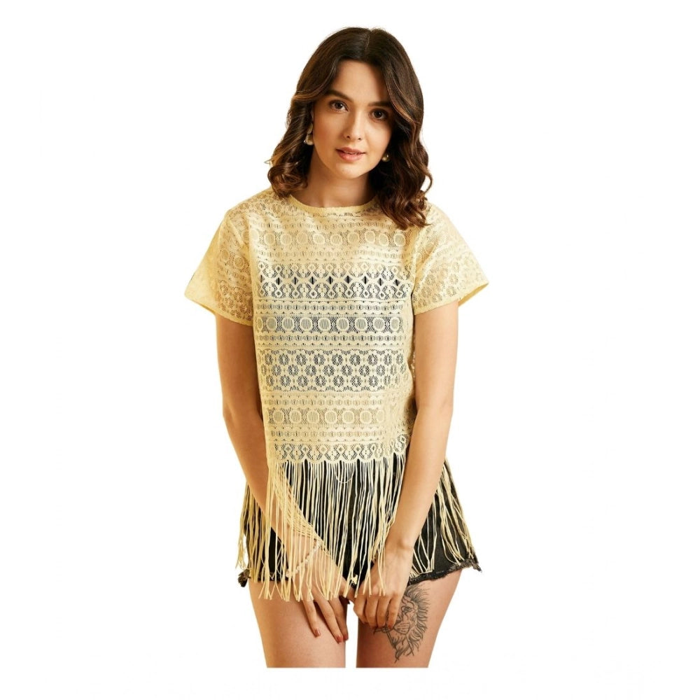 Generic Women's Polyester Lace Self Design Short Sleeve Top (Yellow) Main image