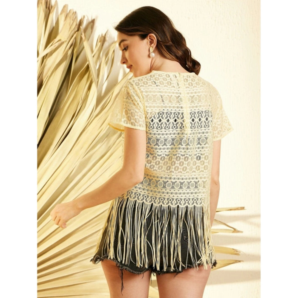 Generic Women's Polyester Lace Self Design Short Sleeve Top (Yellow) Secondary image