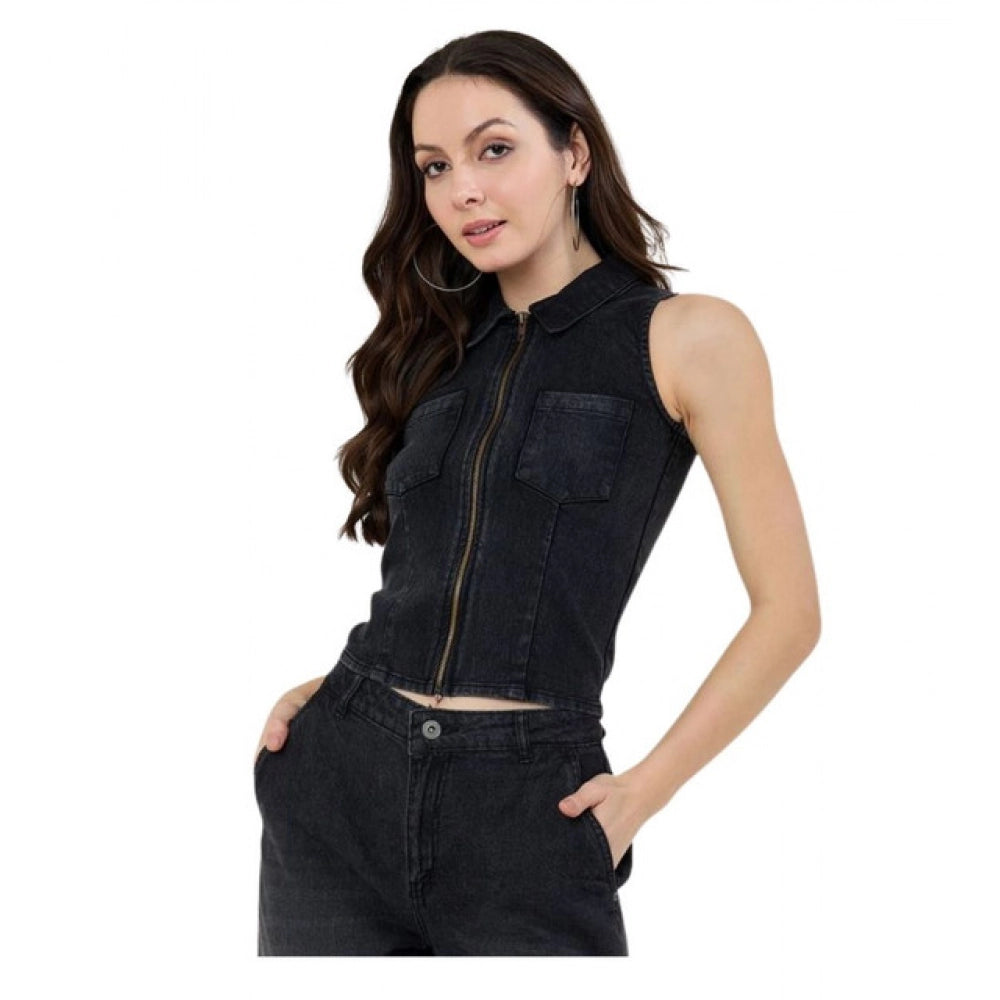 Generic Women's Denim Lycra Solid Sleeveless Top (Black) Main image