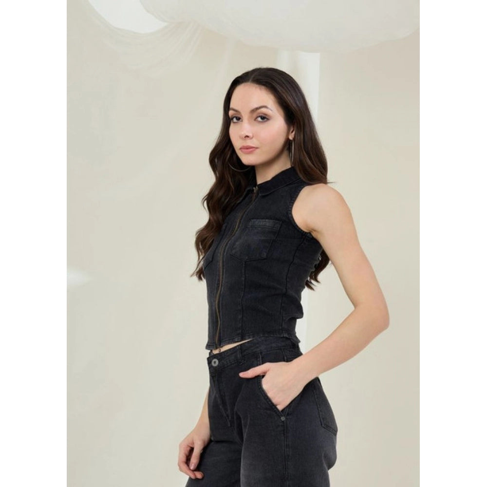 Generic Women's Denim Lycra Solid Sleeveless Top (Black) Secondary image