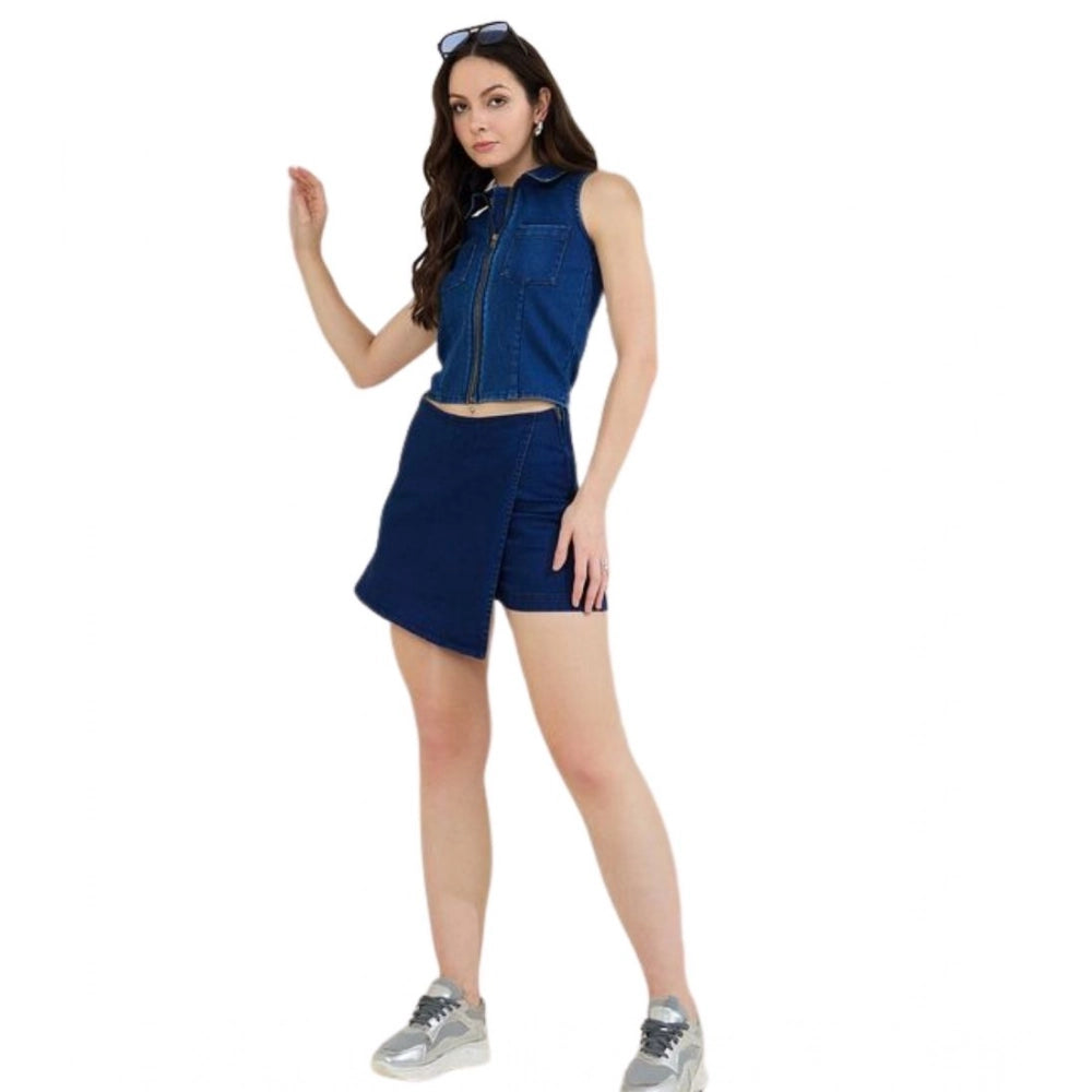 Generic Women's Denim Lycra Solid Sleeveless Top (Blue) Main image