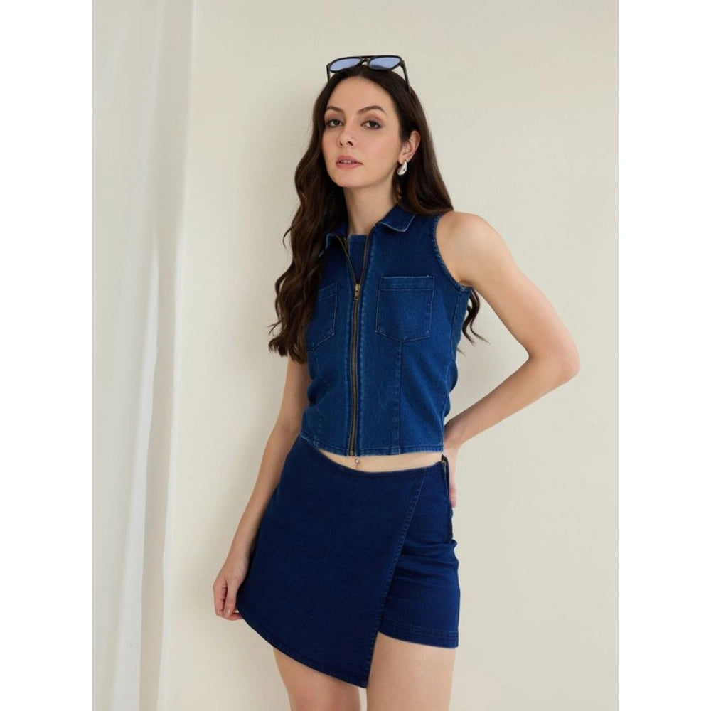 Generic Women's Denim Lycra Solid Sleeveless Top (Blue) Secondary image