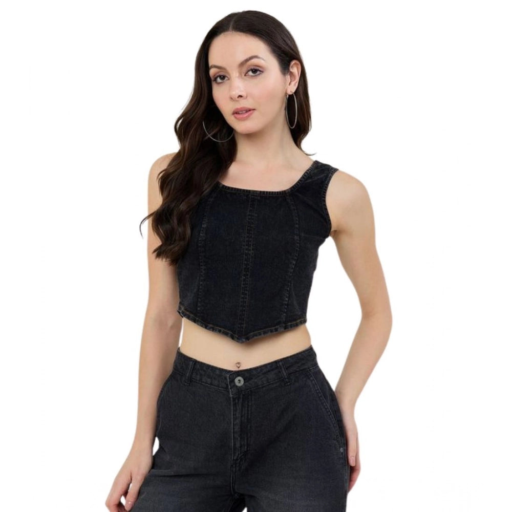 Generic Women's Denim Lycra Solid Sleeveless Top (Black) Main image