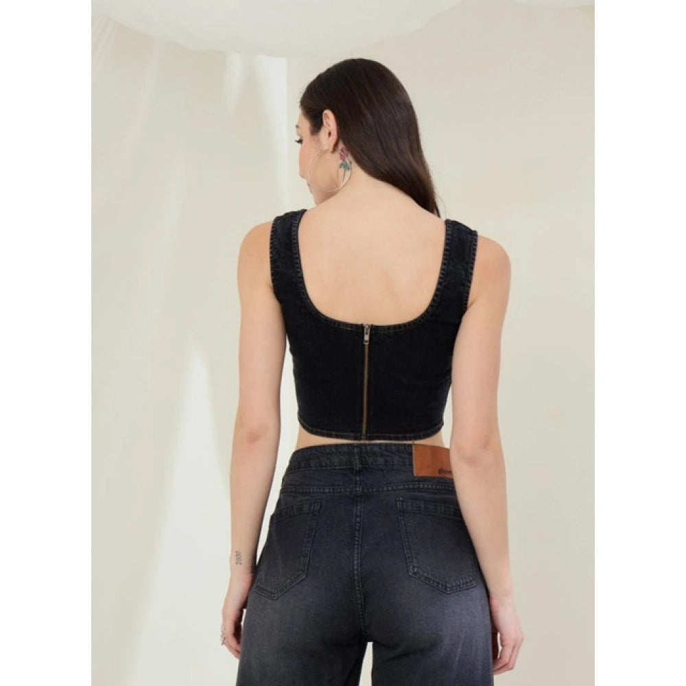 Generic Women's Denim Lycra Solid Sleeveless Top (Black) Secondary image