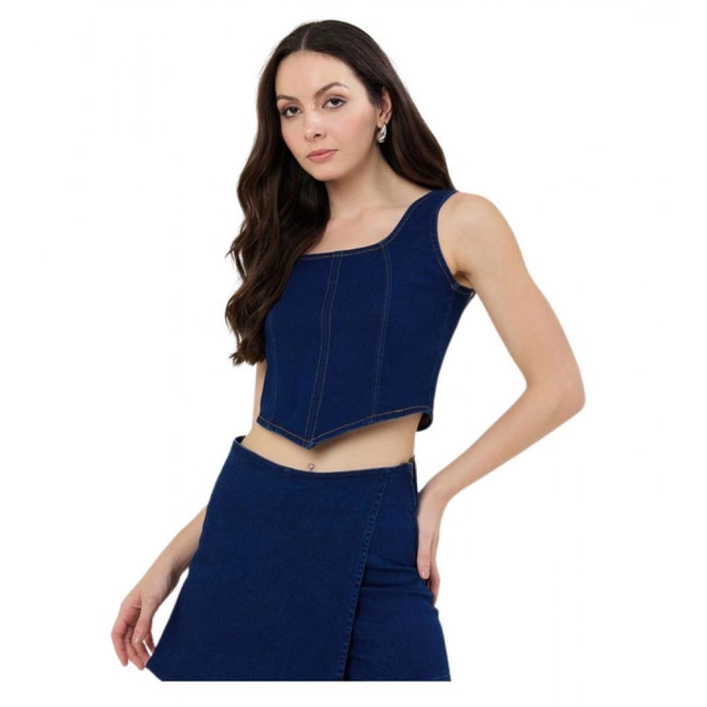 Generic Women's Denim Lycra Solid Sleeveless Top (Blue) Main image
