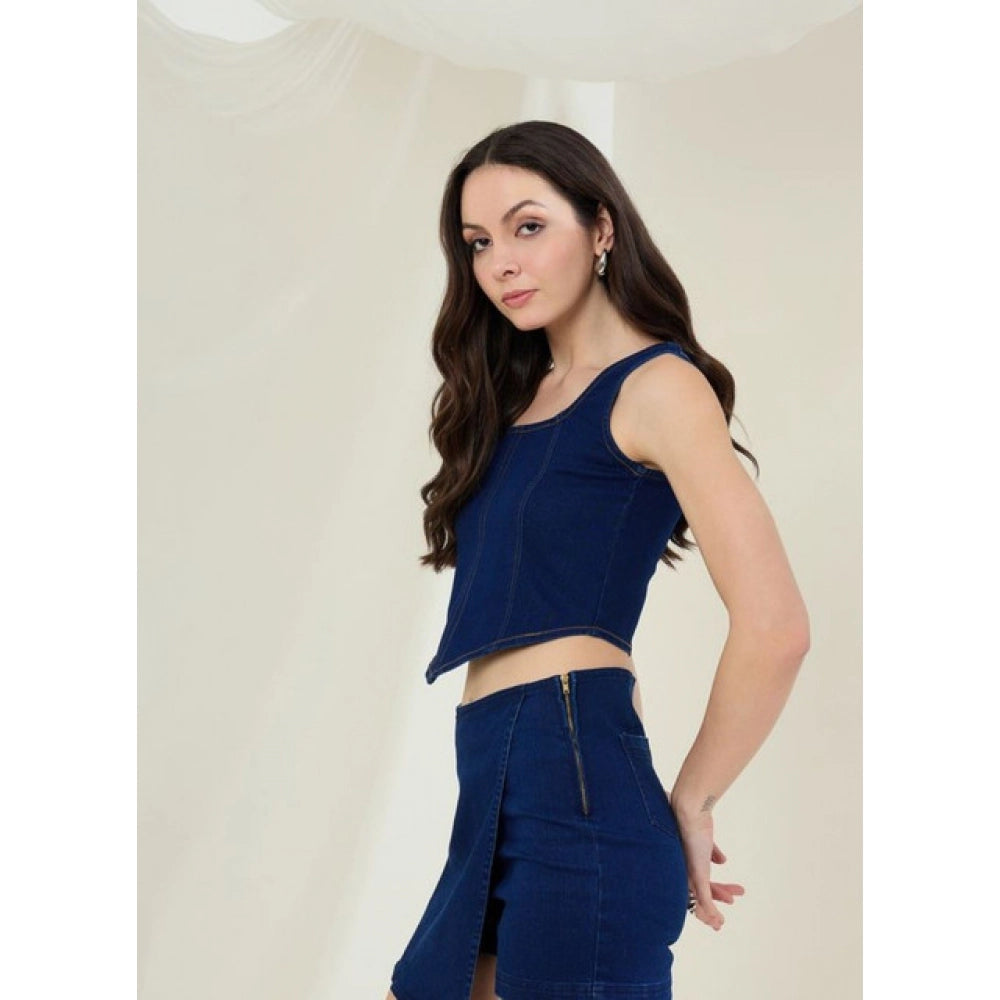 Generic Women's Denim Lycra Solid Sleeveless Top (Blue) Secondary image