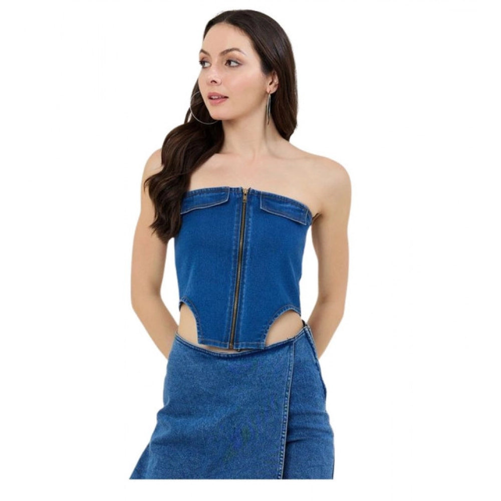 Generic Women's Denim Lycra Solid Sleeveless Top (Blue) Main image