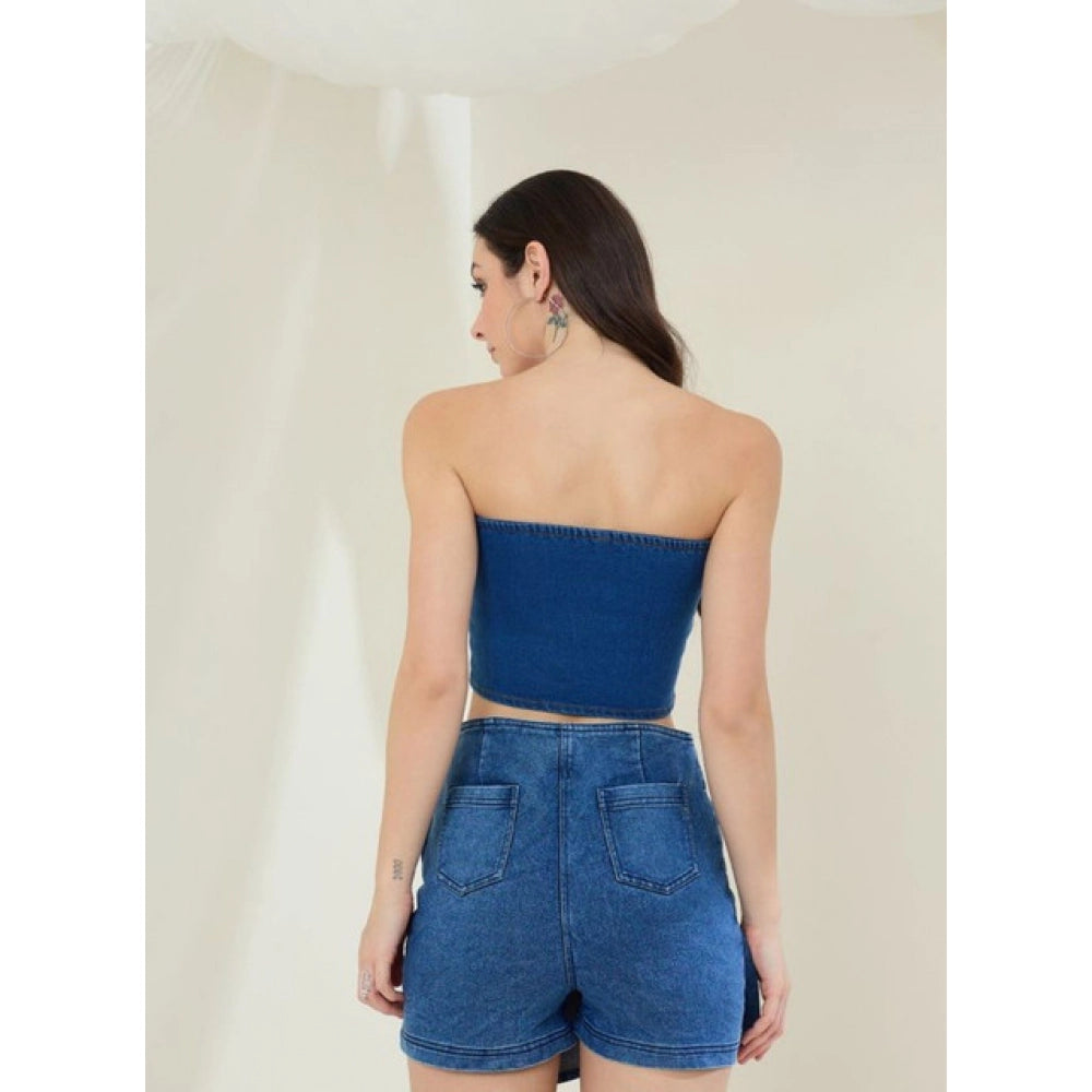Generic Women's Denim Lycra Solid Sleeveless Top (Blue) Secondary image