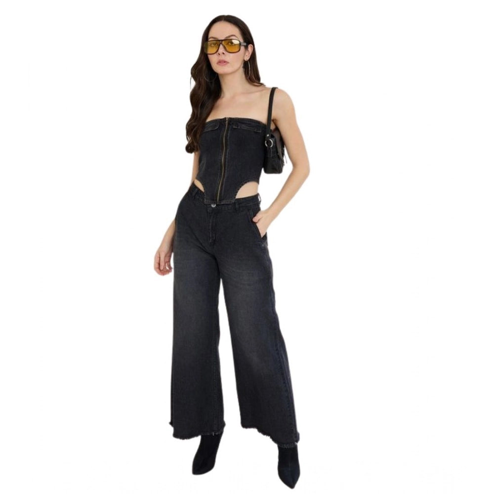 Generic Women's Denim Lycra Solid Sleeveless Top (Black) Main image