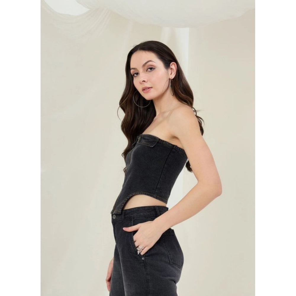 Generic Women's Denim Lycra Solid Sleeveless Top (Black) Secondary image