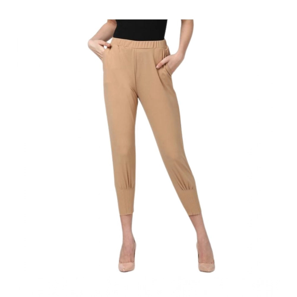 Generic Women's Polyester Solid Elasticated Trousers (Beige) Main image