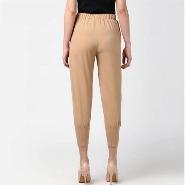 Generic Women's Polyester Solid Elasticated Trousers (Beige)