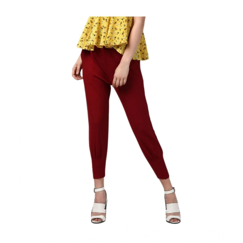 Generic Women's Polyester Solid Elasticated Trousers (Maroon) Main image