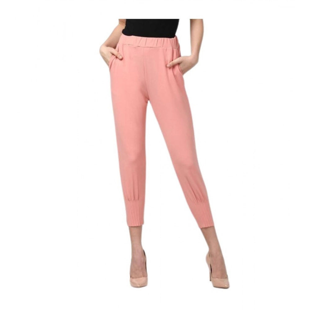 Generic Women's Polyester Solid Elasticated Trousers (Pink) Main image