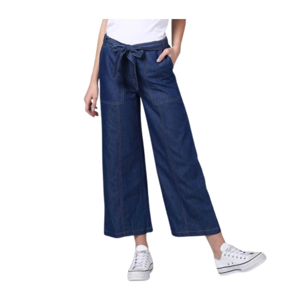 Generic Women's Denim Solid Elasticated Trousers (Blue) Main image