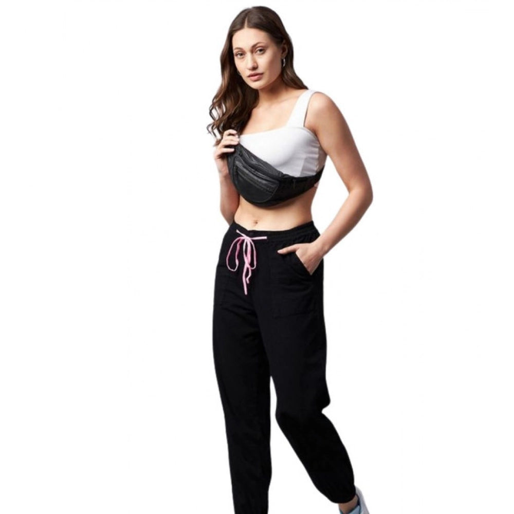 Generic Women's Cotton Twill Solid Elasticated Trousers (Black) Main image