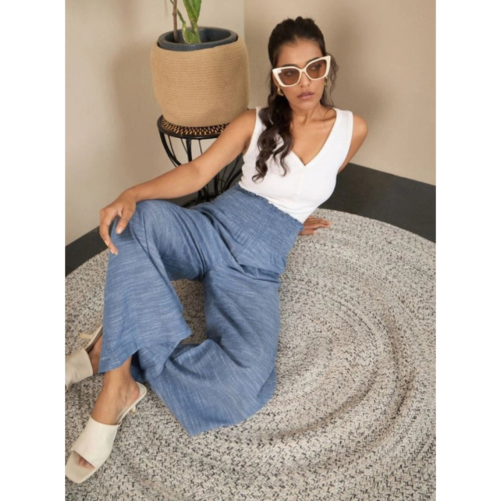 Generic Women's Cotton Self Design Smocked Trousers (Blue) Secondary image