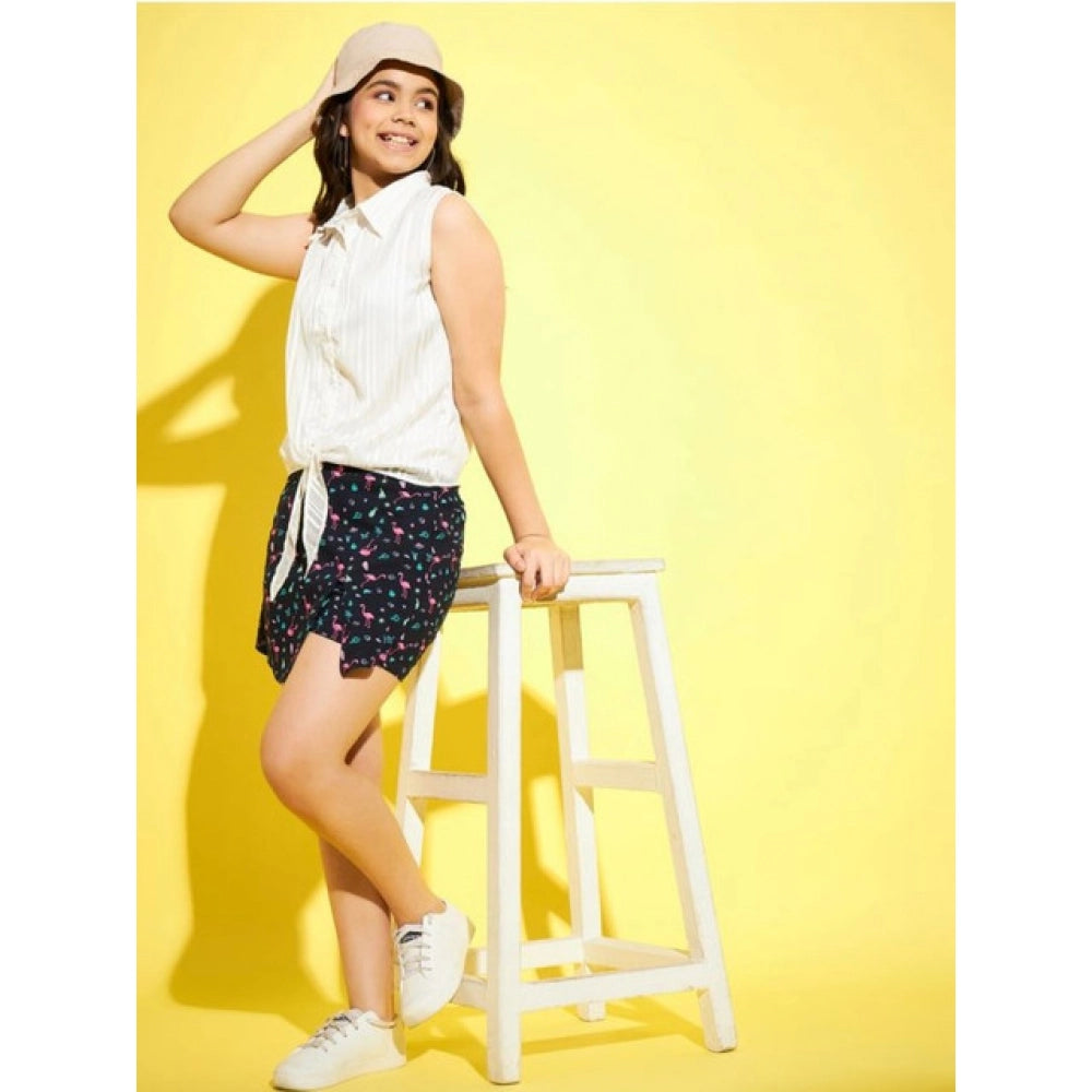 Generic Girl's Polyester Lurex Printed Sleeveless Top Set (White-Navy) Main image