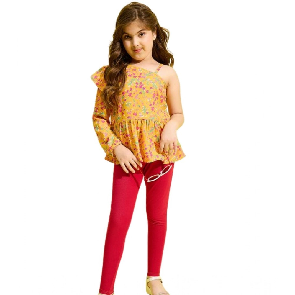 Generic Girl's Polyester Floral One Shoulder Jeggings Set (Yellow-Red) Secondary image