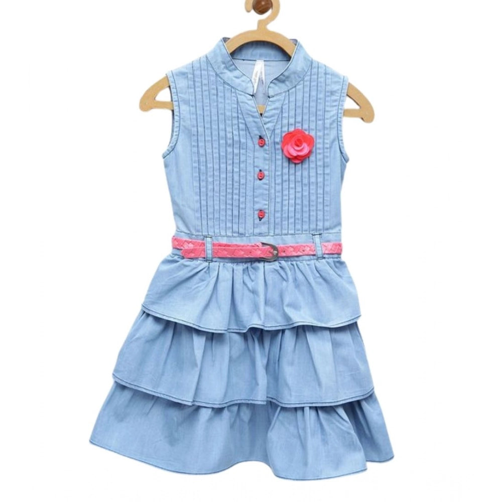 Generic Girl's Denim Embellished Sleeveless Dress with Belt (Light Blue) Main image