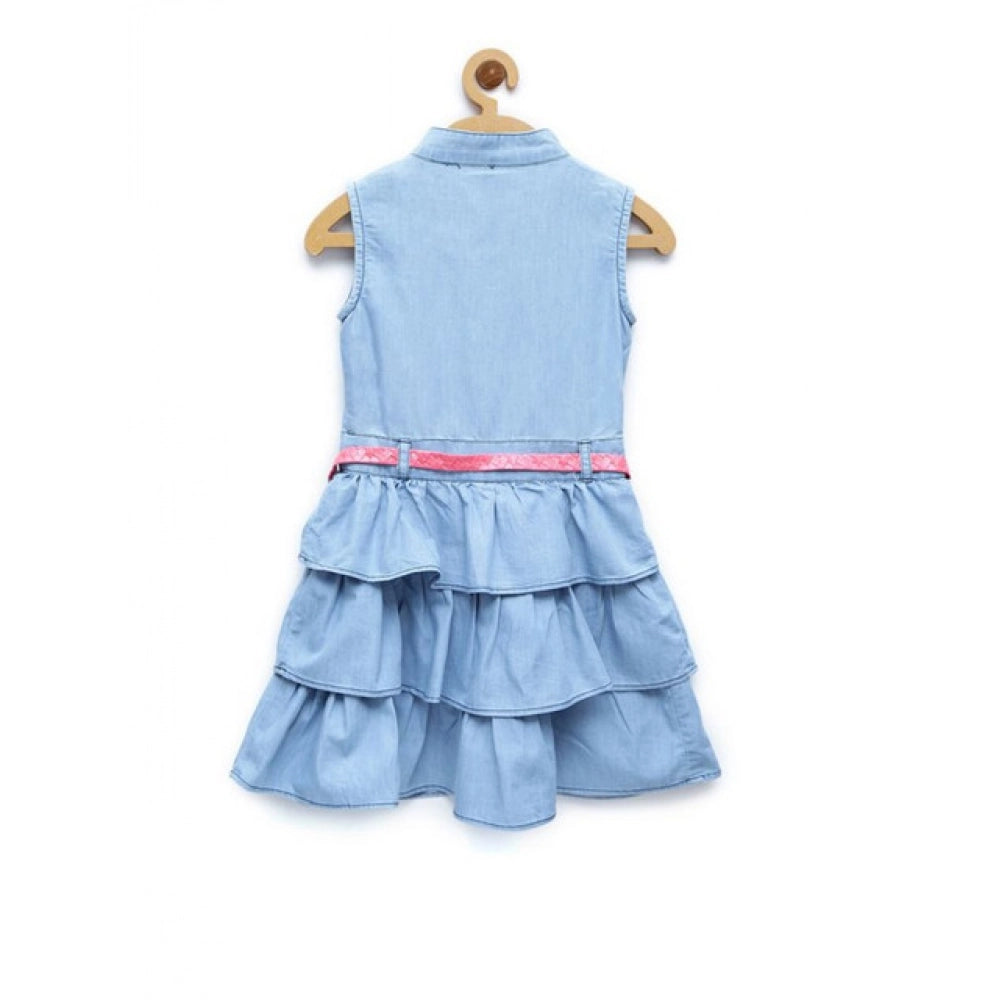 Generic Girl's Denim Embellished Sleeveless Dress with Belt (Light Blue) Secondary image