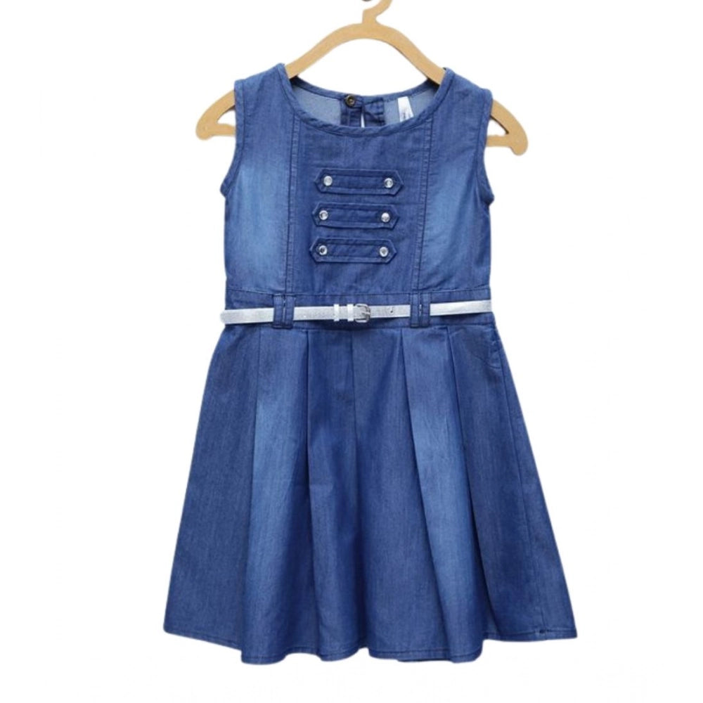 Generic Girl's Denim Embellished Sleeveless Dress with Belt (Blue) Main image